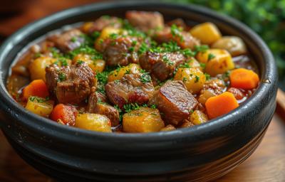 Fotografia em tons de castanho com um prato fundo preto ao centro. Dentro do prato existe uma carne de panela com batatas e cenouras banhadas em um molho de cor caramelo e cobertas por cebolinha.