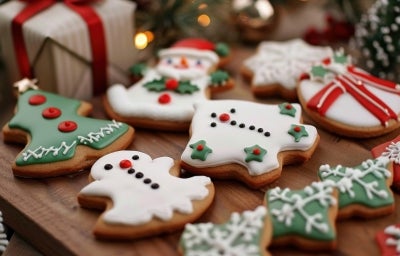Em cima de uma mesa, biscoitos em forma de boneco de neve, árvore de Natal, decorado com glacê branco e verde. Em cima de uma mesa, biscoitos em forma de boneco de neve, árvore de Natal, decorado com glacê branco e verde.