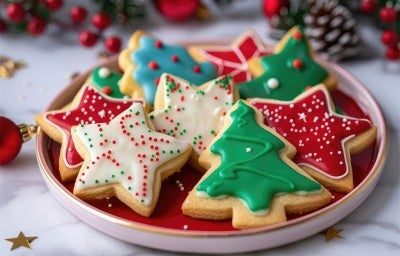 Em cima de uma mesa, prato redondo com biscoitos em formatos de estrela e árvore de natal, decorados com glacê colorido e confeitos de bolinhas coloridas. Em cima de uma mesa, prato redondo com biscoitos em formatos de estrela e árvore de natal, decorados com glacê colorido e confeitos de bolinhas coloridas.