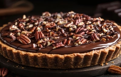 Fotografia em tons mais escuros de uam torta inteira média de uma torta de chocolate com nozes sobre um apoio cinza com nozes espalhadas, ao redor da torta. Fotografia em tons mais escuros de uam torta inteira média de uma torta de chocolate com nozes sobre um apoio cinza com nozes espalhadas, ao redor da torta.