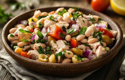 Fotografia em tons de marrom com um prato fundo ao centro. Dentro do prato existe uma receita de peixe com salada colorida feita com tomate, grão de bico, tomate e coentro Fotografia em tons de marrom com um prato fundo ao centro. Dentro do prato existe uma receita de peixe com salada colorida feita com tomate, grão de bico, tomate e coentro