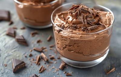Fotografia em tons de cinza com dois copos de vidro ao centro. Dentro dos copos existe uma receita de mousse de chocolate com raspas de chocolate em cima. Ao lado existe pedaços de chocolate. Fotografia em tons de cinza com dois copos de vidro ao centro. Dentro dos copos existe uma receita de mousse de chocolate com raspas de chocolate em cima. Ao lado existe pedaços de chocolate.