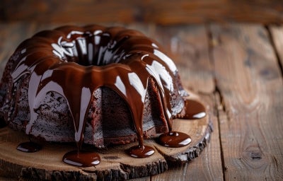 Fotografia de bolo de chocolate em forma de bundt, coberto com um brilho de chocolate que escorre pelas laterais. O bolo está sobre uma superfície de madeira rústica.
