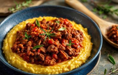 Fotografia de um prato azul fundo com uma receita de ragu de linguiça ao molho sobre uma receita de polenta. Fotografia de um prato azul fundo com uma receita de ragu de linguiça ao molho sobre uma receita de polenta.