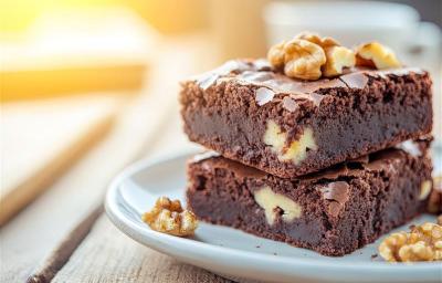 Fotografia de dois pedaços, um sobre o outro, de brownie com nozes sobre um prato de vidro raso.