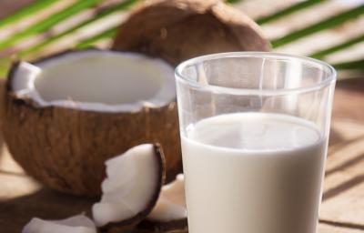 Fotografia de um copo de vidro com refresco de coco, ao lado de duas unidades da fruta, uma aberta e a outra inteira. Também ao lado, pedaços do coco sobre uma mesa de madeira, e ao fundo, folhas de árvore fazendo sombra na mesa.