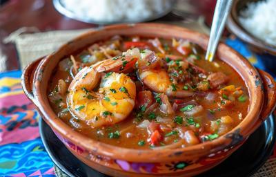 Foto aproximada de uma panela de barro com a receita de moqueca de camarão dentro, bem avermelhada no molho, com camarões à vista, coentro picado e uma concha dentro