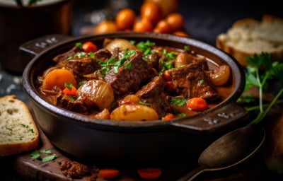 Boeuf bourguignon clássico, com carne macia e molho encorpado, ideal para ocasiões especiais.