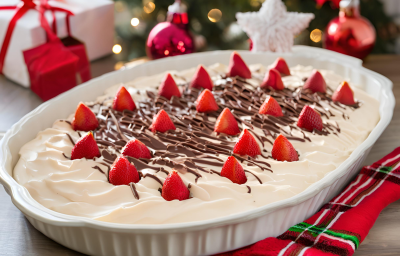 Receita de um doce cremoso com morangos picados, coberto com chocolate por cima, servido em uma travessa sobre uma mesa decorada para o natal Receita de um doce cremoso com morangos picados, coberto com chocolate por cima, servido em uma travessa sobre uma mesa decorada para o natal