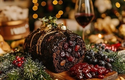 Fotografia de um bolo de chocolate com frutas secas fofinho, decorado com uma fita dourada, cercado por ramos de pinheiro e frutas vermelhas.