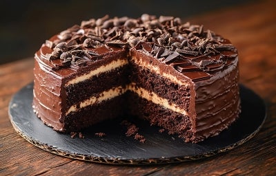 Em cima de uma mesa, prato redondo com bolo de chocolate fofo, recheado com creme branco, cobertura de chocolate e chocolate ralado. Em cima de uma mesa, prato redondo com bolo de chocolate fofo, recheado com creme branco, cobertura de chocolate e chocolate ralado.