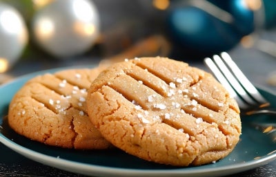 Em cima de uma mesa, prato redondo com dois biscoitos redondos e crocantes. Em cima de uma mesa, prato redondo com dois biscoitos redondos e crocantes.
