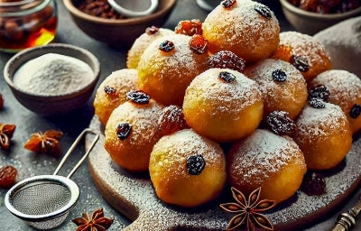 Em cima de uma mesa, tábua com bolinhos redondos dourados, decorado com açúcar de confeiteiro e uvas-passas.