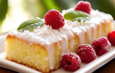 Fotografia de um bolo fofinho, coberto com glacê branco e flocos de coco, decorado com framboesas frescas e folhas de hortelã, apresentado em um prato branco.