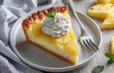 Fotografia de uma fatia grande uma torta de abacaxi com um pouco de chantilly por cima e uma folha de hortelã, sobre um prato médio raso e branco. O prato está sobre uma mesa de madeira branca.