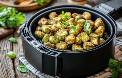 Fotografia de uma receita de quiabo crocante dentro da cesta da air fryer, a qual está sobre um pano branco com detalhes escuros, apoiado em uma mesa de madeira. Fotografia de uma receita de quiabo crocante dentro da cesta da air fryer, a qual está sobre um pano branco com detalhes escuros, apoiado em uma mesa de madeira.