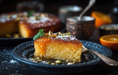 Fotografia de uma fatia de bolo laranja em um prato escuro, com calda brilhante e guarnições de açúcar de confeiteiro, pistaches e hortelã, destacando a textura e a cor quente.
