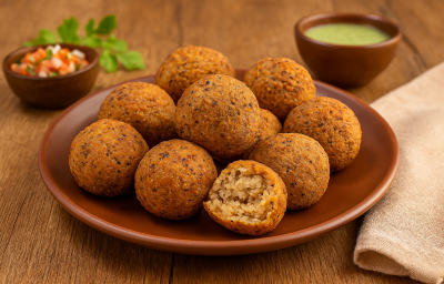 Receita de Bolinho de Piacuí Paraense servido em um prato marrom, em pequenas bolinhas, com um molho ao fundo e uma vinagrete Receita de Bolinho de Piacuí Paraense servido em um prato marrom, em pequenas bolinhas, com um molho ao fundo e uma vinagrete