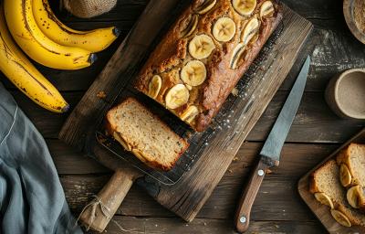 Fotografia vista de cima de um bolo de banana assado em forma retangular pequena. O bolo está apoiado em uma grade e sobre uma tábua de madeira escura. Ao redor tem algumas bananas com casca, fatias do bolo já cortado e uma faca. Fotografia vista de cima de um bolo de banana assado em forma retangular pequena. O bolo está apoiado em uma grade e sobre uma tábua de madeira escura. Ao redor tem algumas bananas com casca, fatias do bolo já cortado e uma faca.