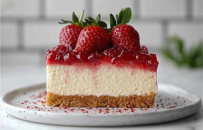 Fotografia de um pedaço de cheesecake com calda de morango sobre um prato branco e raso, o qual está apoiado em uma mesa branca.