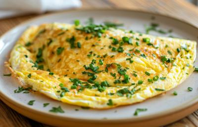 Fotografia de uma omelete rápida sobre um prato de vidro raso, e por cima da omelete tem cebolinha picada salpicada. O prato está sobre uma mesa de madeira. Fotografia de uma omelete rápida sobre um prato de vidro raso, e por cima da omelete tem cebolinha picada salpicada. O prato está sobre uma mesa de madeira.