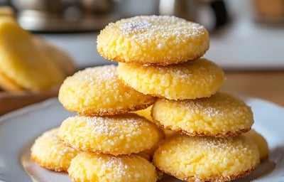 Em cima de uma mesa, prato redondo com biscoitos redondos suculentos, decorados com açúcar de confeiteiro. Em cima de uma mesa, prato redondo com biscoitos redondos suculentos, decorados com açúcar de confeiteiro.