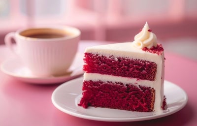 Fotografia de uma fatia de bolo veludo vermelho em um prato branco, coberta com creme branco e decorada com migalhas vermelhas, acompanhada de uma xícara de café.