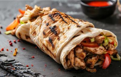 Fotografia uma unidade de shawarma de frango sobre uma mesa preta. Ao fundo tem um recipiente preto pequeno com molho vermelho.