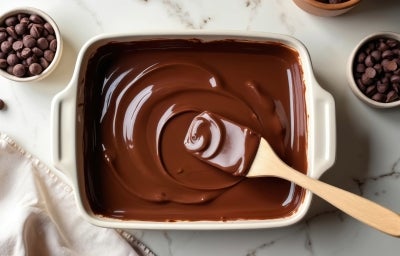 Fotografia vista de cima em tons claros de uma travessa de vidro retangular sobre uma mesa branca de mármore. Dentro do recipiente tem a sobremesa finalizada com ganache. Apoiada na travessa tem uma colher de madeira.