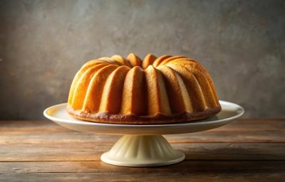 Fotografia de um bolo bundt perfeitamente assado em um suporte cerâmico branco. O bolo apresenta uma superfície lisa, fofinha e brilhante, com um fundo neutro que destaca sua cor e textura.