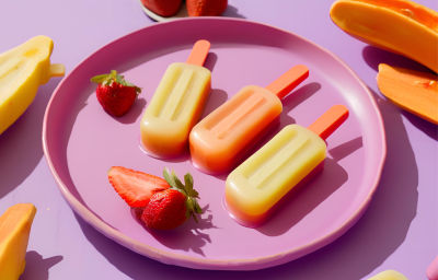 Fotografia em tons de roxo com três picoles de fruta ao centro, dois de cor amarela e um laranja. Ao fundo existe pedaços de morango e mamão. Fotografia em tons de roxo com três picoles de fruta ao centro, dois de cor amarela e um laranja. Ao fundo existe pedaços de morango e mamão.
