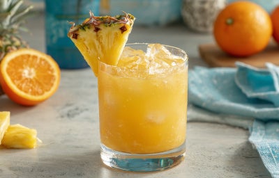 imagem mostra drink tropical de laranja com abacaxi, coco e Fiber Mais® sabor Laranja servido gelado em copo.