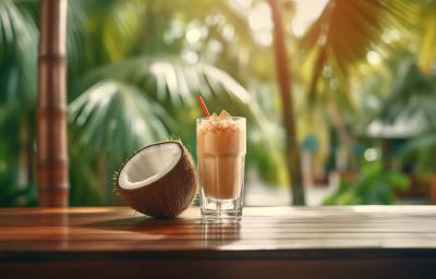 Fotografia de um copo de vidro com uma bebida de coco com Cereal NESTON 3 Cereais ao lado de uma metade de coco. O copo está sobre uma mesa de madeira, e ao fundo tem algumas árvores. Fotografia de um copo de vidro com uma bebida de coco com Cereal NESTON 3 Cereais ao lado de uma metade de coco. O copo está sobre uma mesa de madeira, e ao fundo tem algumas árvores.