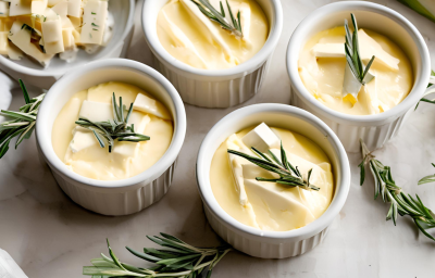 Fotografia mostra recipientes brancos com um creme amarelo e cremoso, coberto com quadradinhos de queijo e alecrim fresco. A iluminação suave destaca os detalhes do prato. Fotografia mostra recipientes brancos com um creme amarelo e cremoso, coberto com quadradinhos de queijo e alecrim fresco. A iluminação suave destaca os detalhes do prato.