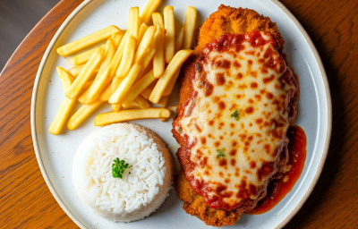 Fotografia mostra um prato dividido entre arroz, frango a parmegiana e batata frita