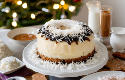 Bolo de Doce de Leite com Ameixa, servido em uma mesa natalina e decorado com ameixa, coco ralado e doce de leite Bolo de Doce de Leite com Ameixa, servido em uma mesa natalina e decorado com ameixa, coco ralado e doce de leite