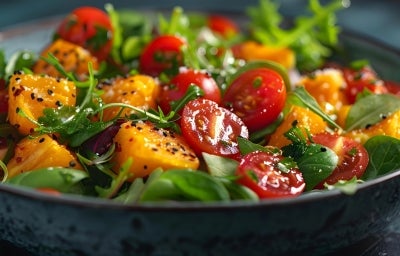 Em cima de uma mesa, tigela com folhas, manga cortada e tomates cerejas cortados ao meio, regado com molho. Em cima de uma mesa, tigela com folhas, manga cortada e tomates cerejas cortados ao meio, regado com molho.