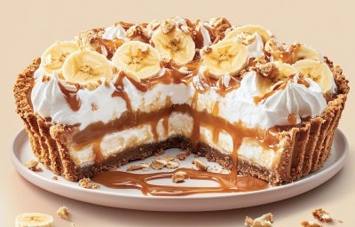 Fotografia de uma torta banoffee cheia de doce de leite com um pedaço grande faltando, mostrando o interior da torta, que está sobre um prato raso branco. Fotografia de uma torta banoffee cheia de doce de leite com um pedaço grande faltando, mostrando o interior da torta, que está sobre um prato raso branco.