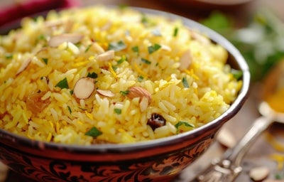 Em cima de uma mesa, tigela redonda com porção de arroz amarelo e soltinho com amêndoas picadas, decorado com salsinha picada.