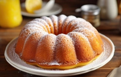 Fotografia de um bolo bundt elegantemente disposto em um prato branco, com uma leve camada de açúcar de confeiteiro. O fundo apresenta um jarro amarelo e um limão, sugerindo um ambiente acolhedor e caseiro.