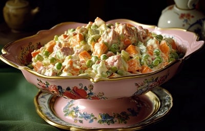 Em cima de uma mesa, travessa com salada de maionese com cenoura, presunto e ervilha. Em cima de uma mesa, travessa com salada de maionese com cenoura, presunto e ervilha.
