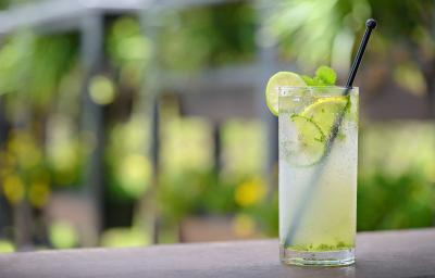 Foto da receita de Amazonia Fizz, servida em um copo de vidro alto, com um canudo preto e decorado com limões. Foto da receita de Amazonia Fizz, servida em um copo de vidro alto, com um canudo preto e decorado com limões.