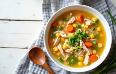 imagem mostra uma panela com um frango ensopado cheio de legumes e ervas dentro, com um caldo cremoso