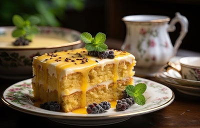 Fotografia de uma fatia de bolo de maracujá em um prato branco. O bolo, de duas camadas, possui um recheio cremoso e é coberto com um vibrante molho de maracujá, com sementes visíveis, destacando-se em um fundo suavemente desfocado.
