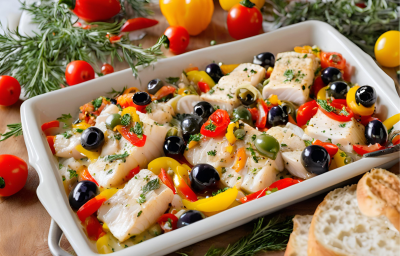 Receita de Aperitivo Natalino de Bacalhau, feito com bacalhau em pedaços, pimentões, azeitonas, servido em uma mesa de natal toda decorada