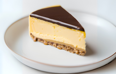 Fotografia em tons de branco e amarelo com um prato branco ao centro. Em cima do prato existe uma receita de torta mousse de maracujá com chocolate Fotografia em tons de branco e amarelo com um prato branco ao centro. Em cima do prato existe uma receita de torta mousse de maracujá com chocolate