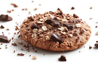 Fotografia de um cookie tradicional integral com castanha, aveia e pedaços de chocolate por cima e espalhado ao redor. O cookie está sobre uma mesa branca. Fotografia de um cookie tradicional integral com castanha, aveia e pedaços de chocolate por cima e espalhado ao redor. O cookie está sobre uma mesa branca.