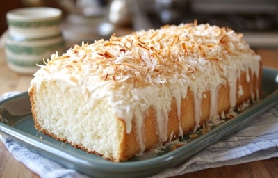 Fotografia de um bolo loaf fofinho e recém-assado coberto com cobertura branca cremosa e flocos de coco tostados. O bolo está em um prato cerâmico verde, com um ambiente acolhedor ao fundo. Fotografia de um bolo loaf fofinho e recém-assado coberto com cobertura branca cremosa e flocos de coco tostados. O bolo está em um prato cerâmico verde, com um ambiente acolhedor ao fundo.