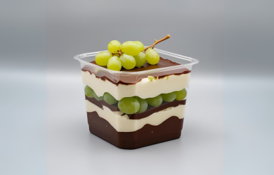 Imagem de um doce feito de camadas de creme branco e chocolate ao leite dentro de um pote pequeno, transparente e quadrado. No meio das camadas, há uma camada de uvas verdes e mais um pequeno cacho de uvas enfeitando o topo.