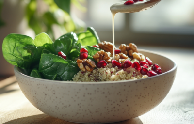 sobre uma mesa de madeira está um bowl em tons de bege com uma grande porção de quinoa cozida, folhas de espinafre, nozes e sementes de romã. Uma colher derrama um molho claro sobre o prato. sobre uma mesa de madeira está um bowl em tons de bege com uma grande porção de quinoa cozida, folhas de espinafre, nozes e sementes de romã. Uma colher derrama um molho claro sobre o prato.